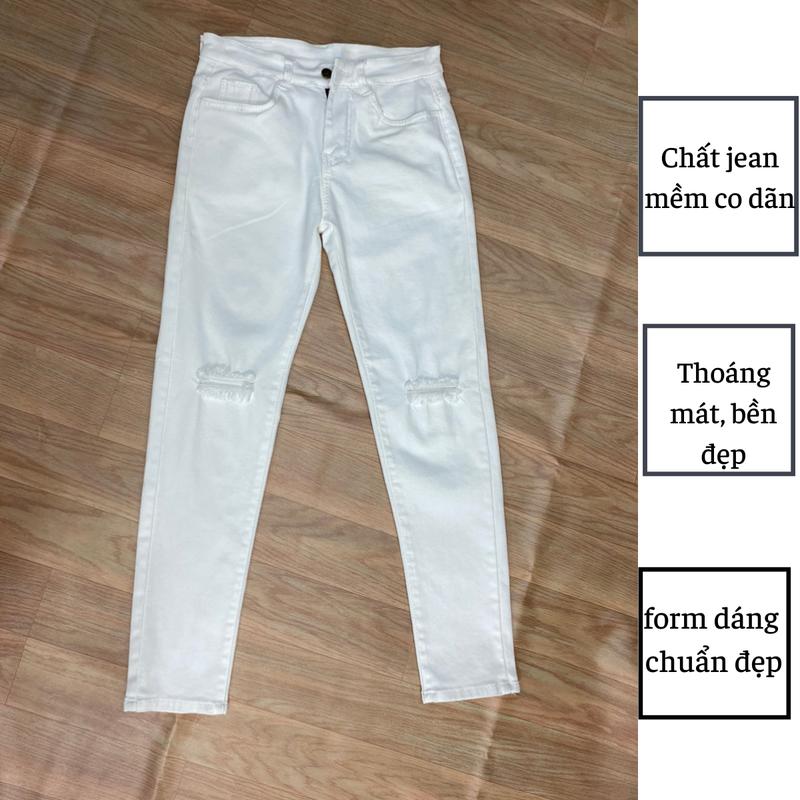 Quần Jean Dài Màu Trắng Họa Tiết Rách Gối Nhỏ Cho Nam Chất Jean Co Dãn Thoáng Khí