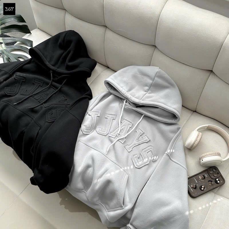 Áo khoác hoodie chui đầu thêu chữ nổi JJAYS form BOXY nỉ bông unisex nam nữ tay phồng Có Túi 7
