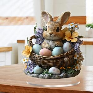 Easter Rabbit & Flower & Egg Design Acrylic Ornament, 1 Count 2D Cute Animal Decoration with Base, Desktop Decorative Ornament for Home Office, Home Decor
