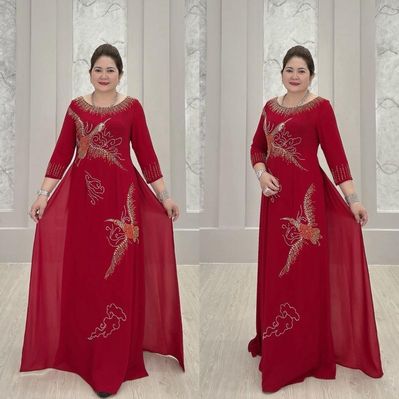  MIN SHOP - Áo dài truyền thống quần rời trung niên kết đá cao cấp đơn giản dành cho chị em sui gia Nữ Women Voi Dress Voan Thun Đỏ Dài Tay 