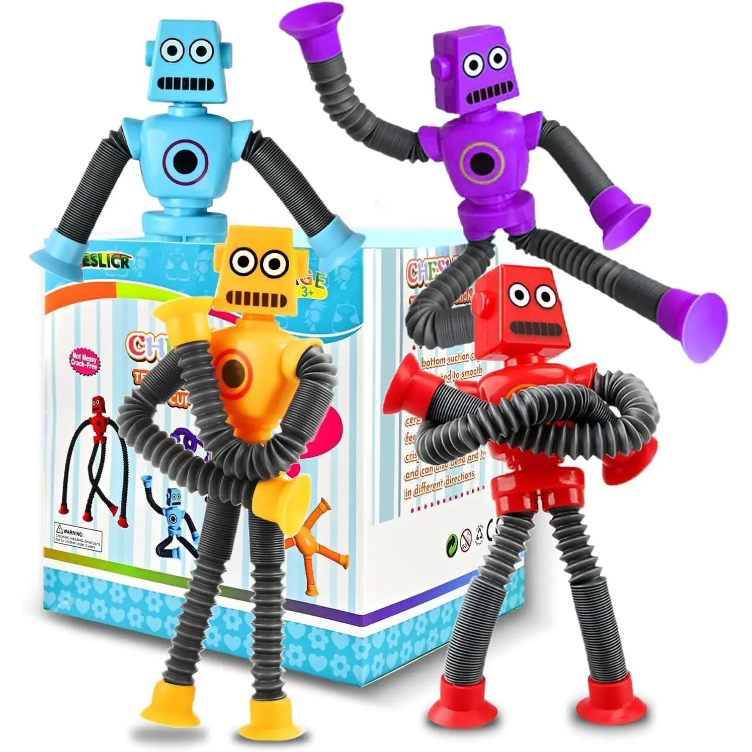 Easter Basket Stuffer Gift Robot Sensory Travel Toys 4Pcs for Toddlers Kid Boy Year Old Ages 3 4 5 6 7 8 9, Airplane Activities Suction Autism Pop Tube Fidget Toys Autistic Stocking Valentine for Kids