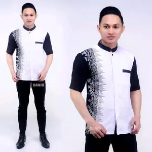 DISKON Baju Koko Muslim Pria Bahan katun Terbaru Lengan Pendek Motif Kombinasi Batik dan Bordir keren nyaman di pakai Panjang Dewasa Kurta