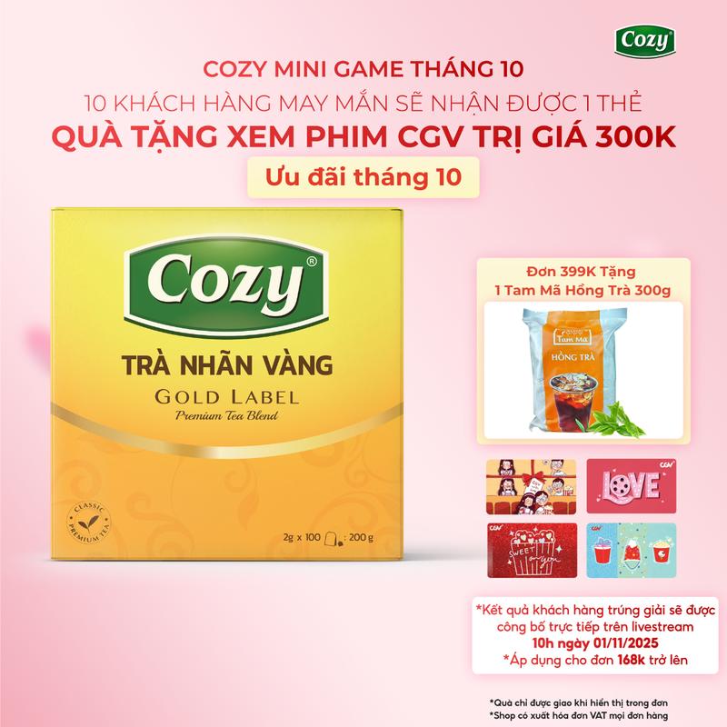 [DEAL SỐC] Trà Đen Nhãn Vàng Cozy Tea 100 Túi Lọc Rời, Tép Nhỏ Tiện Lợi, Đậm Vị Trà, Khách Thích Mê, Nước Trà Thơm, Từ Lá Chè Sạch Tươi Nguyên Chất, Dùng Pha Chế Trà Chanh, Trà Tắc, Trà Chanh Dây Kim Quất, Trà Sữa -  Hộp 200g
