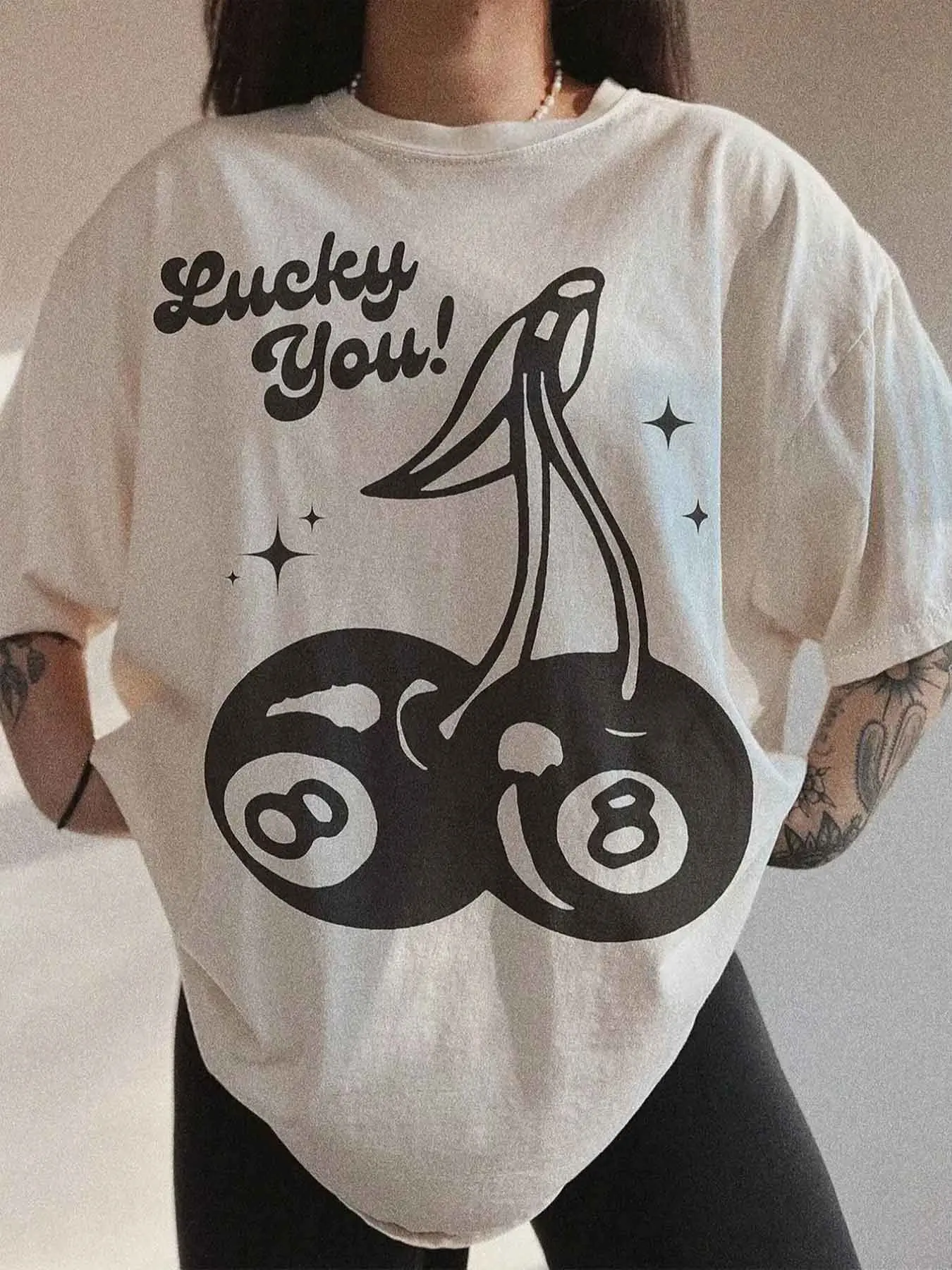 Women's Cherry & Letter Print Drop Shoulder Tee, Casual Half Sleeve Round Neck T-shirt for Summer, Graphic Print Tee, Women's Top for Daily Wear