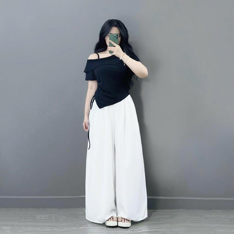 Set Áo Quần Trẻ Trung Bigsize Nữ CÓ LẺ ÁO QUẦN Áo Trễ Vai Vạt Chéo Kèm Dây Rút Phối Quần Suông Ống Siêu Rộng Giả Váy Cho Nữ Chuppy 55-92Kg - G213 Q530