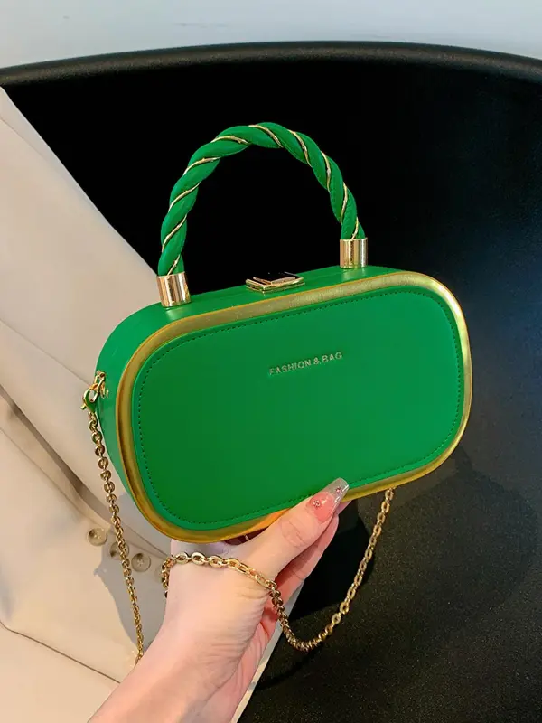 Women's Fashion Buckle Twist Decor Top Handle Chain Strap Crossbody Bag, Simple Letter Detail Metallic Trim Design All-match Box Bag, PU Leather Satchel, Unique Bags, Everyday Bags, Purse Women, Unique Gifts for Women 3
