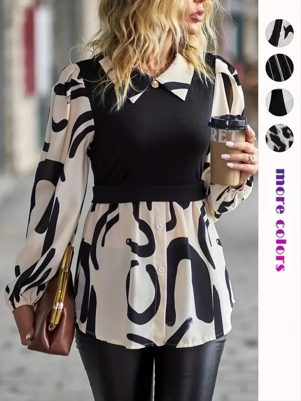 Women's Colorblock 2 In 1 Long Sleeve Button Collared Blouse, Casual Bishop Sleeve Collar Top for Spring & Fall, Women's Clothes for Daily Wear 0