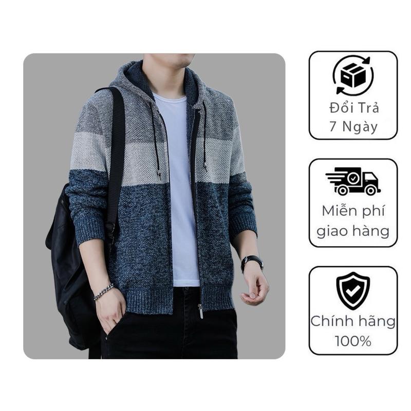 Áo Khoác Len Nam Thu Đông 2023 Có Mũ Trùm Đầu, Lót Lông Siêu Ấm aokhoac