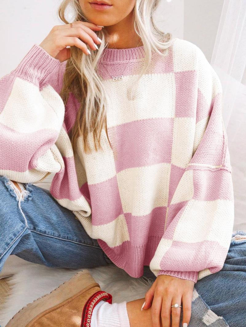 Product Introduction of Women's Plaid Print Drop Shoulder Sweater, Casual Long Sleeve Round Neck Jumper for Fall & Winter, Fashion Ladies' Knitwear for Daily Wear, Going Out Tops 13