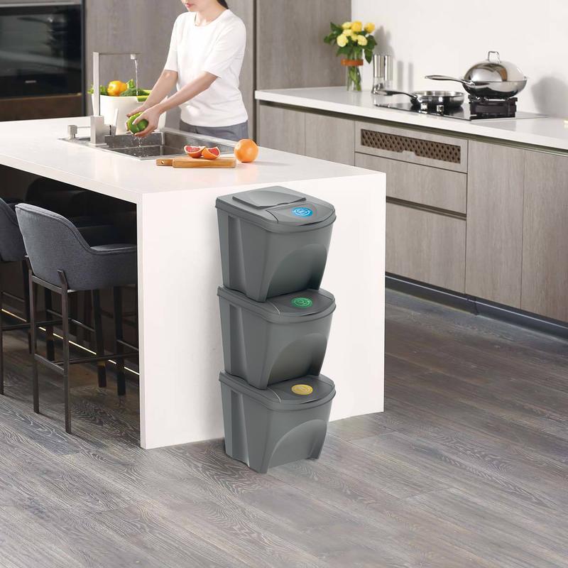 Set of 3 25 Litre Stackable Recycling Bins Storage Box with Lid, Grey Recycle Bin Organisers with Stickers, Garbage Home Kitchen Bin with Lids 3
