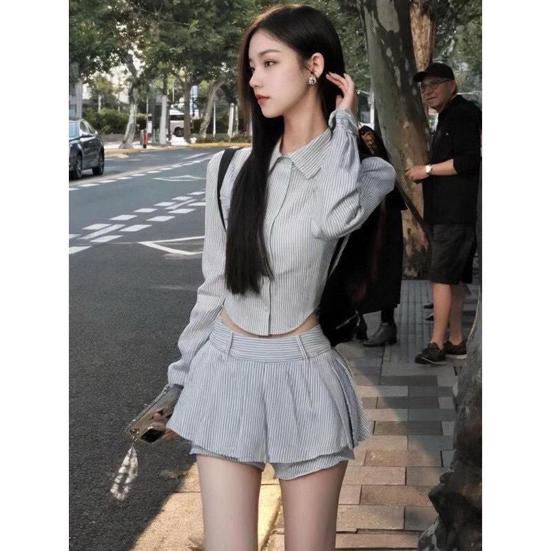  Set áo sơ mi kẻ sọc dài tay kèm quần váy xếp ly WENJI STORE Set đồ nữ sang chảnh đi học đi chơi hottrend Douyin 