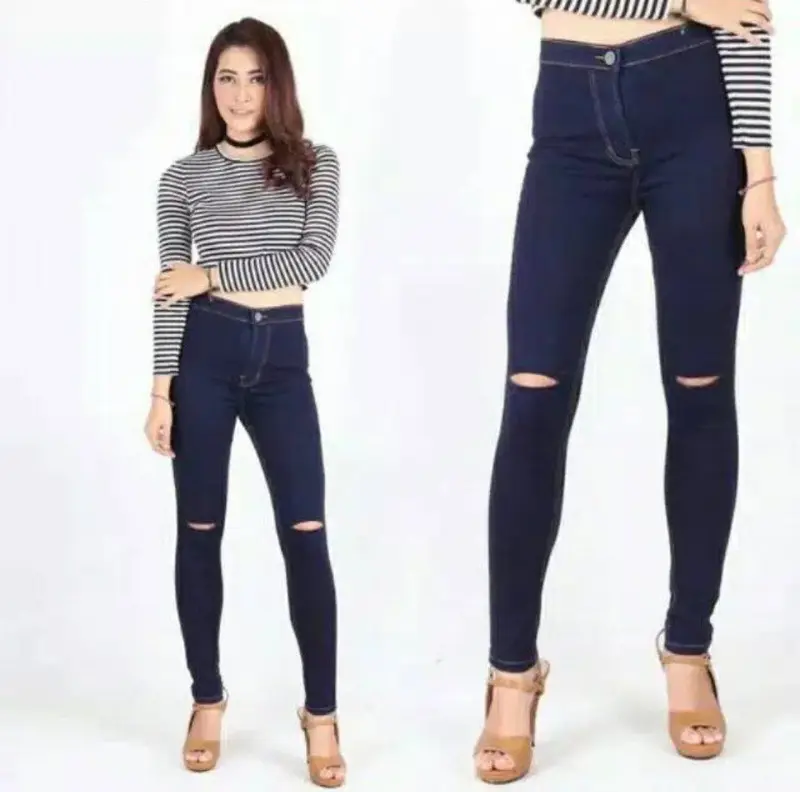 CELANA JEANS HW CELANA JEANS HIGHWAIST SOBEK LUTUT CELANA PANJANG WANITA TERMURAH ( HW TULANG POLOS) // Celana Melar Skinny Soft Tebal 2