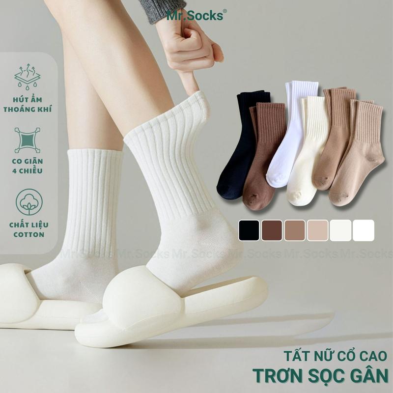 Tất nữ cao cổ trơn màu Mr.Socks cổ sọc gân, vớ trắng trơn nữ cổ cao mỏng nhẹ,…