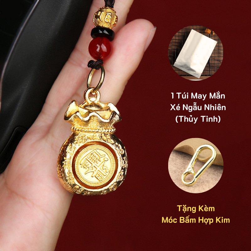 TẶNG KÈM MÓC BẤM + 1 TÚI XÉ THỦY TINH Móc Khóa Túi Tiền 12 Con Giáp Chất Liệu Hợp Kim Kẽm Vàng Gold + Dây Đen Hạt Châu Đỏ Móc Khoá