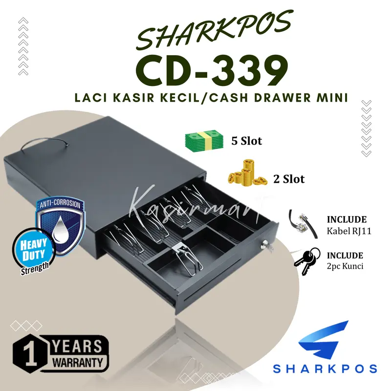 CASH DRAWER SHARKPOS CD339 BOX LACI UANG KASIR MINI CD-339 RJ11 5K2C 37X33 CD 339 BUKA OTOMATIS 0