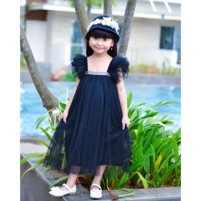 Dress Hitam Anak Polos 1-9 Tahun Kekinian Tille Halus Perempuan Bayi Gaun Cewek Katun Lengan Girls 1