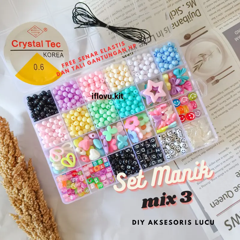 Set Manik Manik DIY + Senar Lengkap Aesthetic Gelang Cincin Kalung | Meronce manik anak mainan edukasi | manik Manik box setset mix 3 Kualitas Premium 1