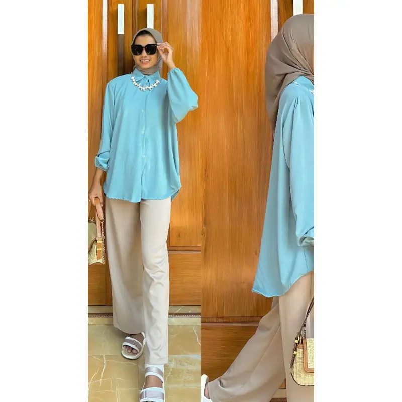 Kemeja Wanita Premium Lengan Balon Karet Kemeja Wanita Polos Basic Lengan Panjang Woman Long Sleeve Original 6