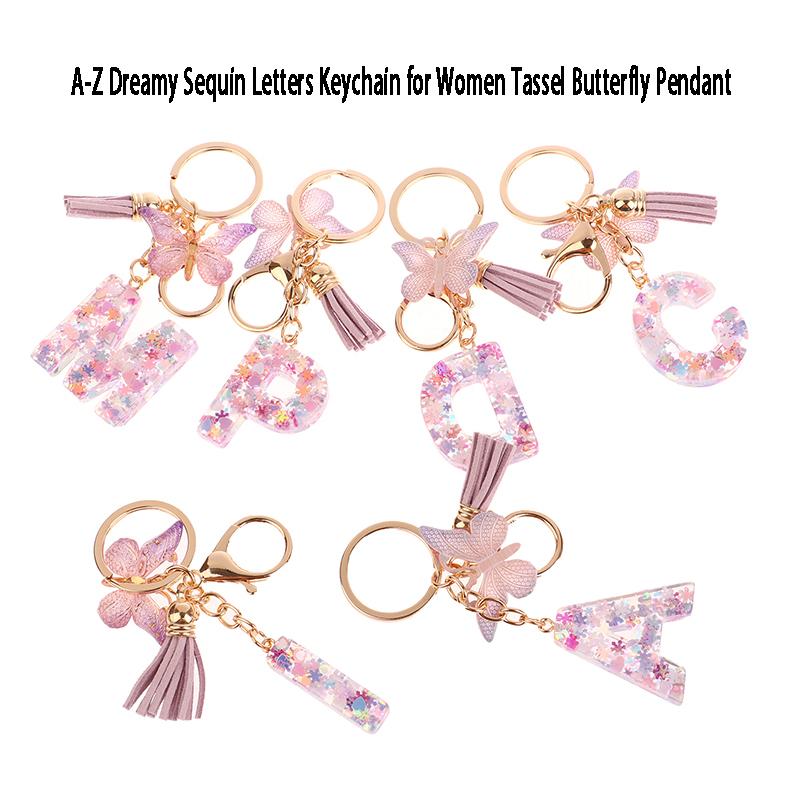 Product Introduction of A-Z Dreamy Sequin Letters Keychain For Women Tassel Butterfly Pendant Keyring  Bags  Car Key Chain 12