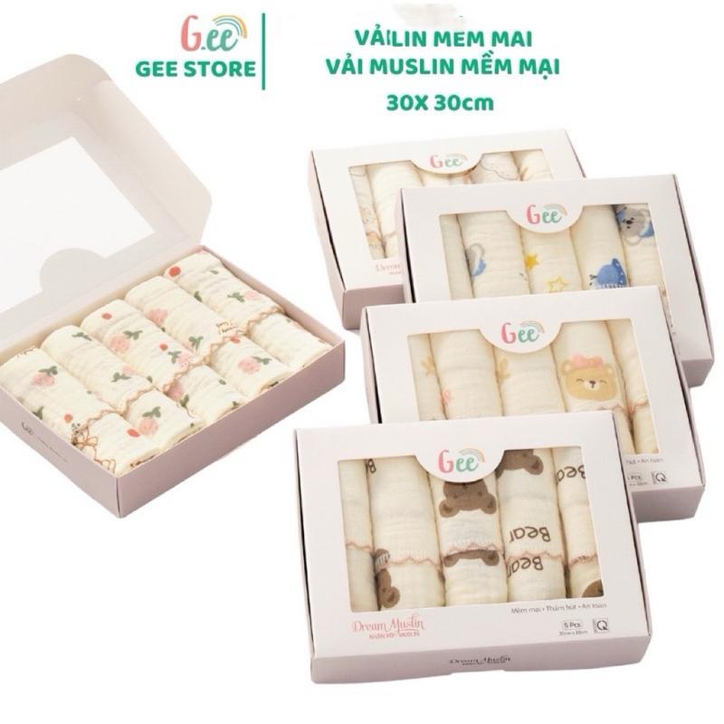 Hộp 5 Khăn Xô Sữa Muslin  Gee 2 Lớp Họa Tiết Dễ Thương, ,Mềm Mịn, Thấm Hút Cho Bé KT 30x30cm