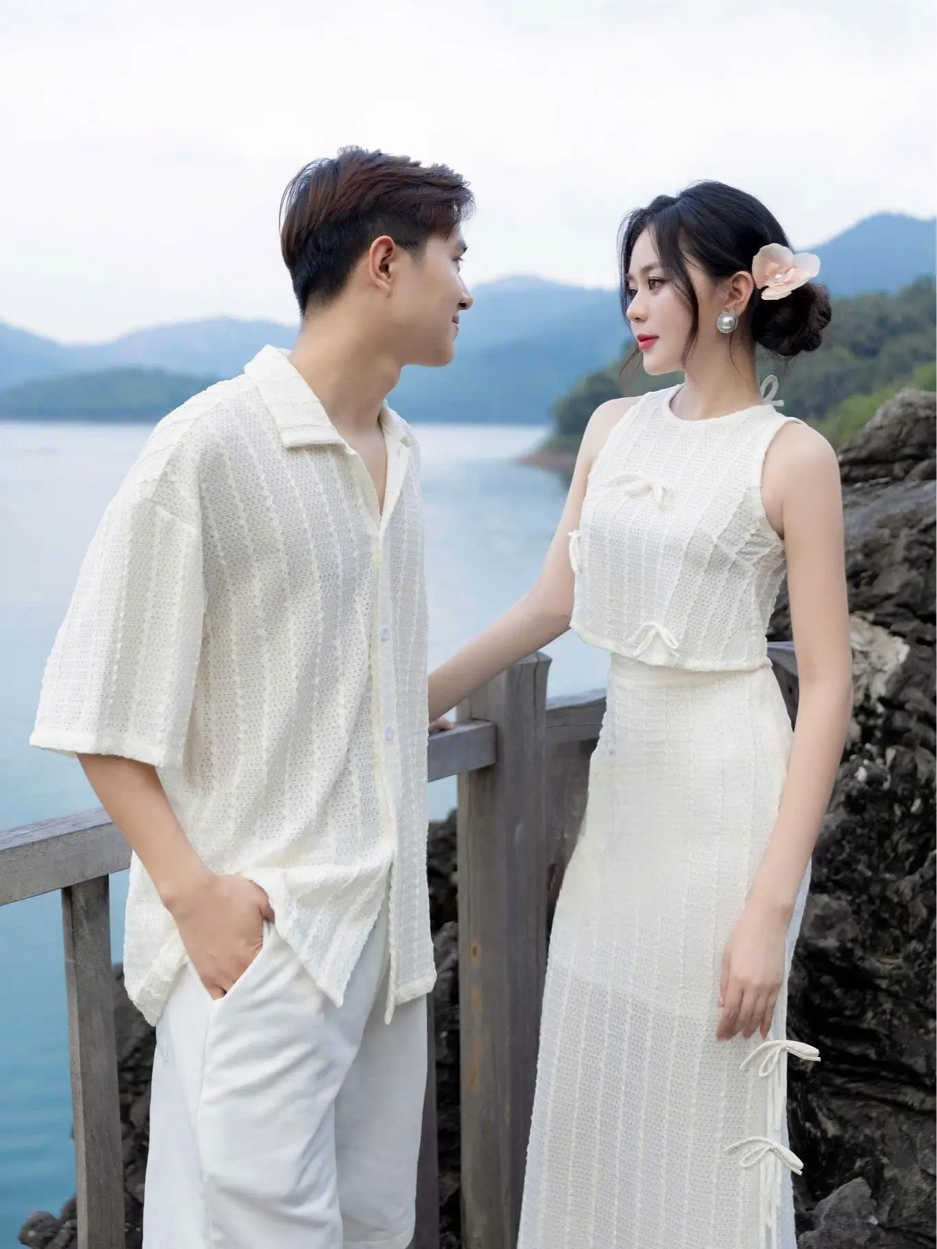 (nam max 93kg) Set đôi đi biển áo nữ + chân váy và áo nam thun lưới - DESTINY COUPLE
