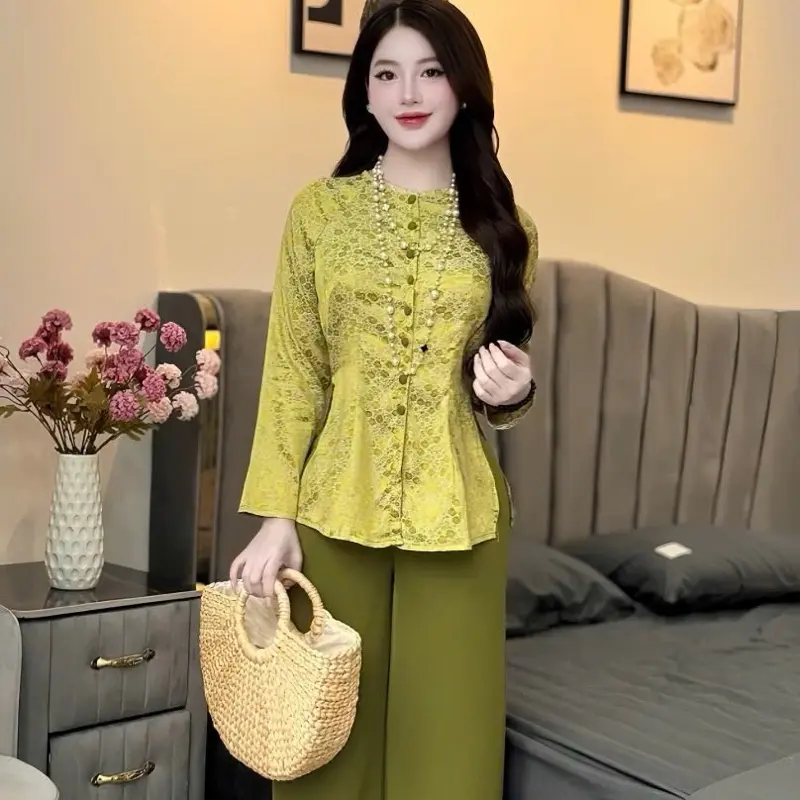 A01 - BỘ BÀ BA GẤM CỔ TRÒN CÚC BỌC TAY DÀI - 5CE 1