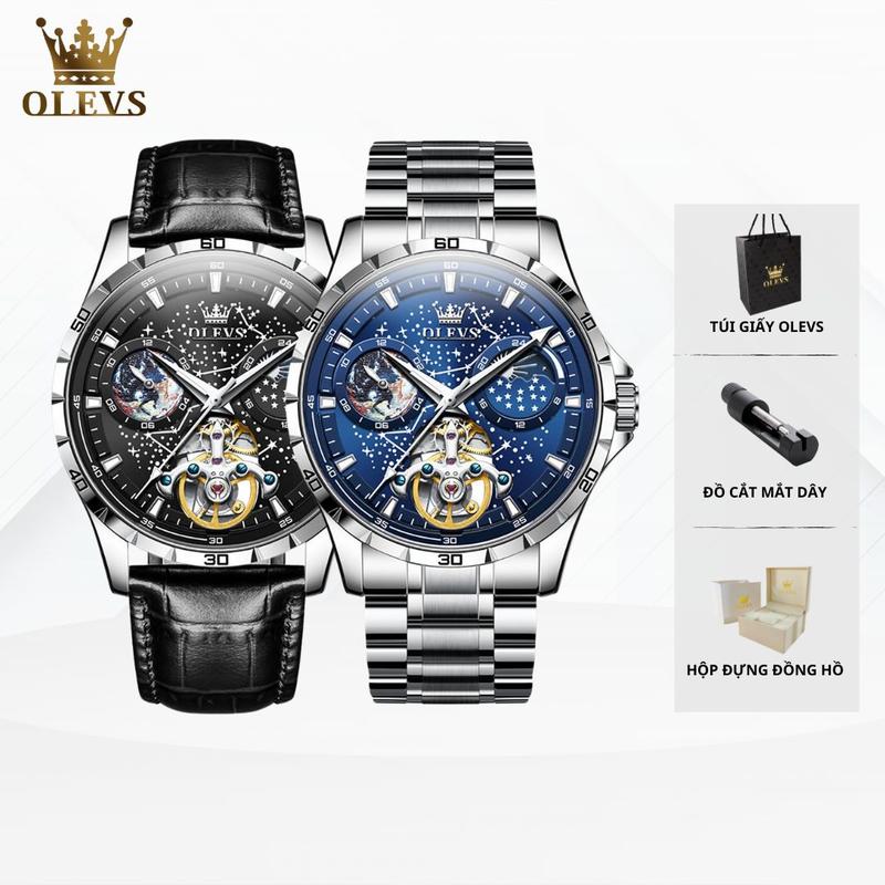 (TẶNG TÚI GIẤY OLEVS ) Đồng Hồ Cơ Nam OLEVS 6689 Chính Hãng Cao Cấp Chống Nước Dạ Quang Dải Ngân Hà Lịch Mặt Trăng Mặt Trời Dành Cho Nam Thích Thời Trang Và Dự Tiệc Size 42MM