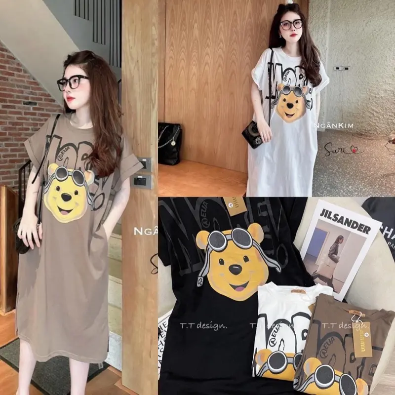 Đầm suông dáng dài cotton in gấu more không túi xinh xắn Nữ