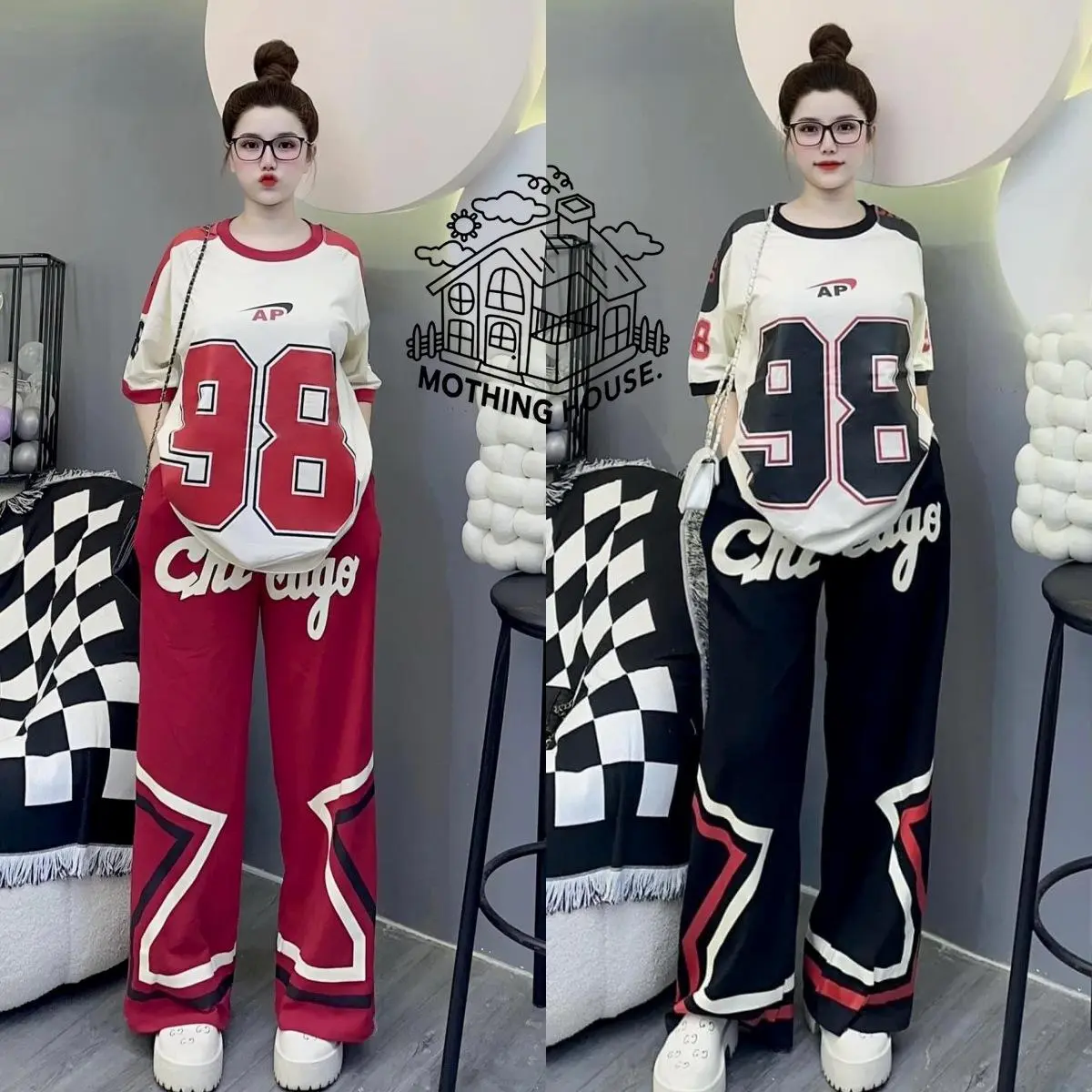 2-Piece Fashion Set 2025 Summer New Design Loose Color-Block Short Sleeve T-Shirt + Wide-Leg Pants Casual Sports Tee Set
