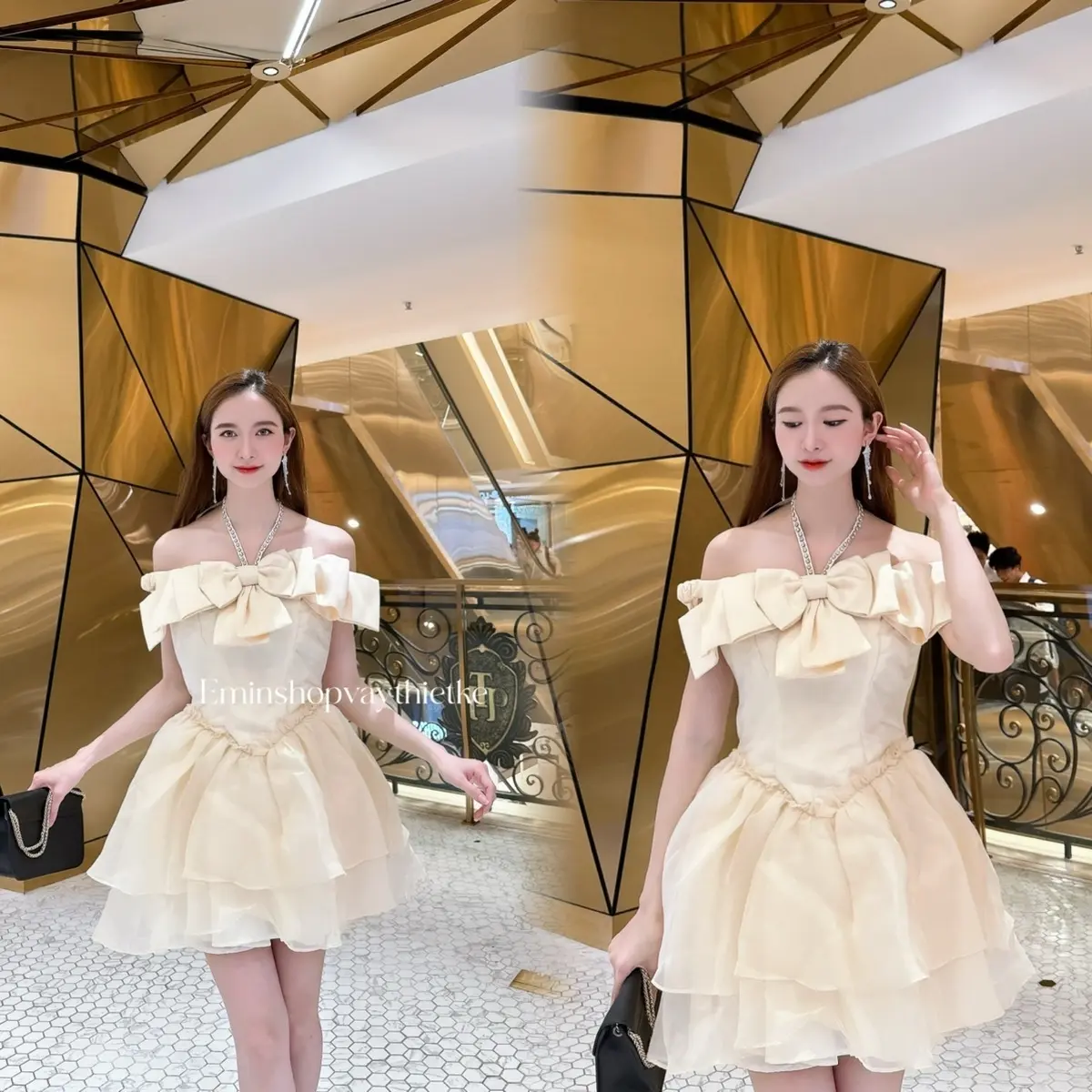 Vây tiệc kết nơ ngực form dày dặn váy xoè tiểu thư By Eminshopvaythietke