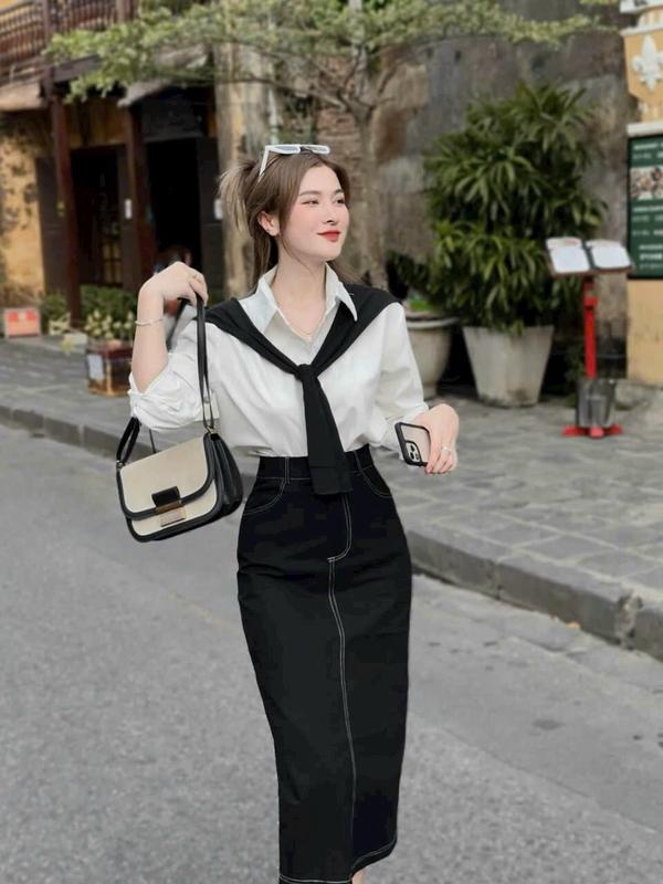 váy nữ áo sơ mi phối chân váy jean suôn dài đuôi cá kèm choàng cực xinh váy công sở