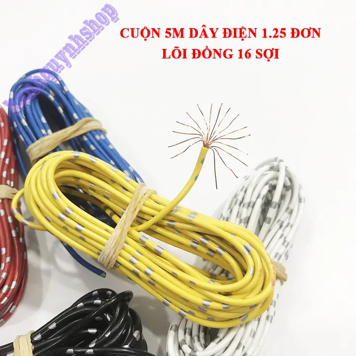 Cuộn 5m dây điện nhật 1.25 đơn lõi đồng 16 sợi 5 màu, dây điện đơn 1