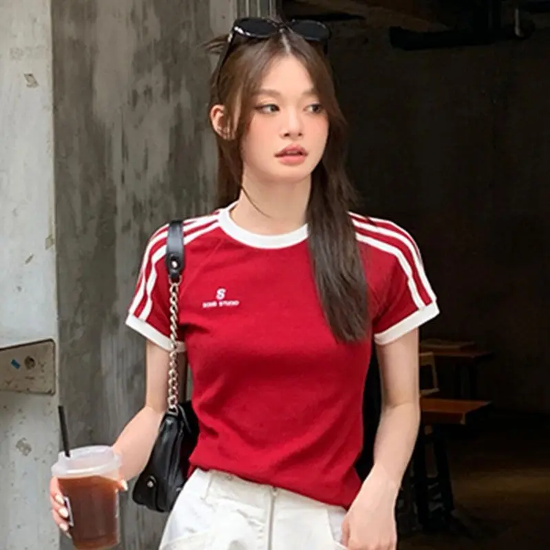 Summer new pure desire style hot girl short cotton short-sleeved T-shirt female slim fit thin versatile design top female Lingerie Lady Streetwear Casual Crewneck Round Neck Basic Fitted Comfort Short Sleeve Womenswear