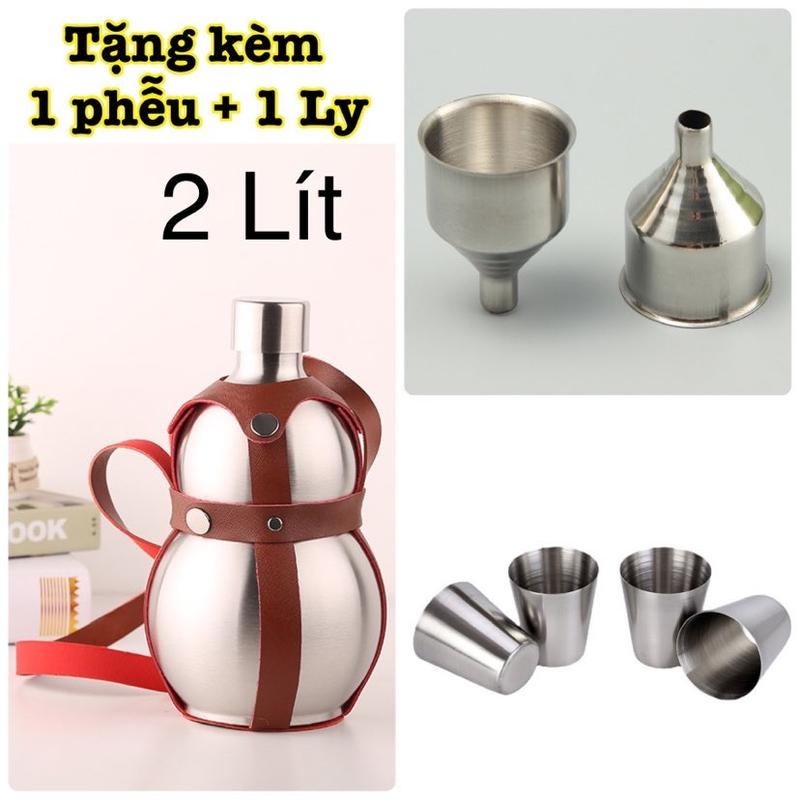 Bình tông Đựng nước Kiểu dáng Hồ Lô Dung tích 1,7Lit và loại 3Lit, Inox 304 có bao da như hình, có Phễu và Ly