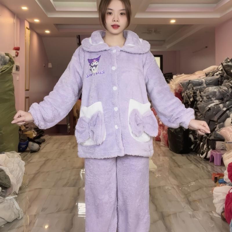 [FREESIZE] Bộ ngủ lông kurumi tím cổ bèo Ann Nhiên - Mùa Đông Nữ Áo Women Kem