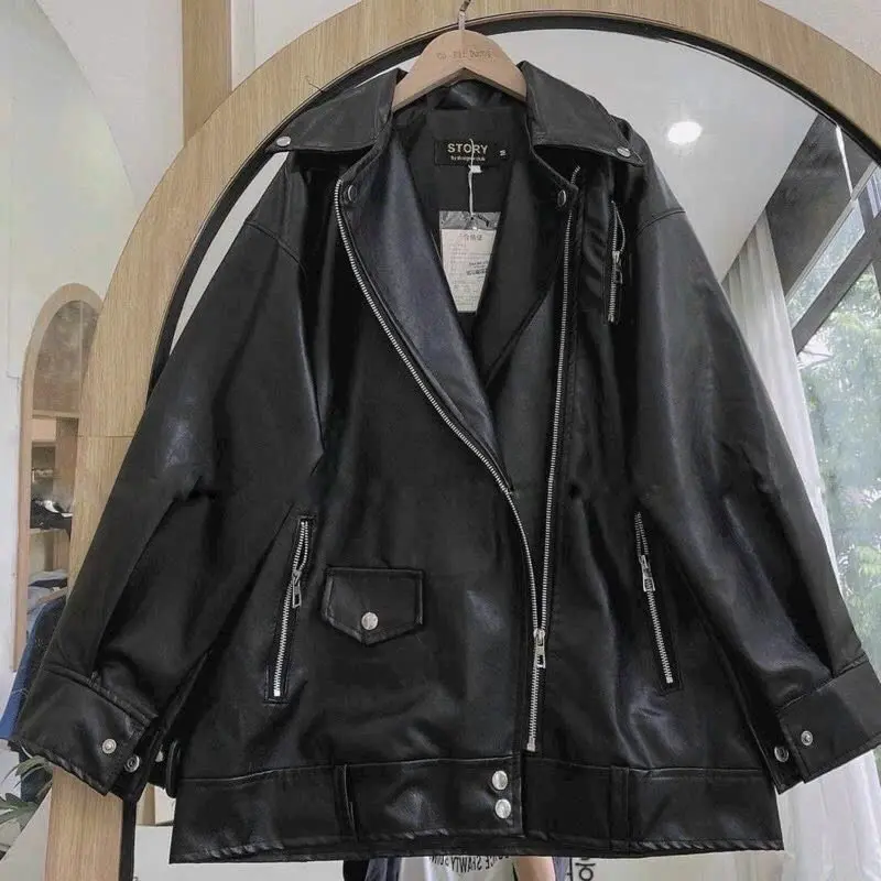 Áo khoác da 2 lớp dáng rộng kèm dây đai Da chất da lì mềm dày xịn nữ - Jacket