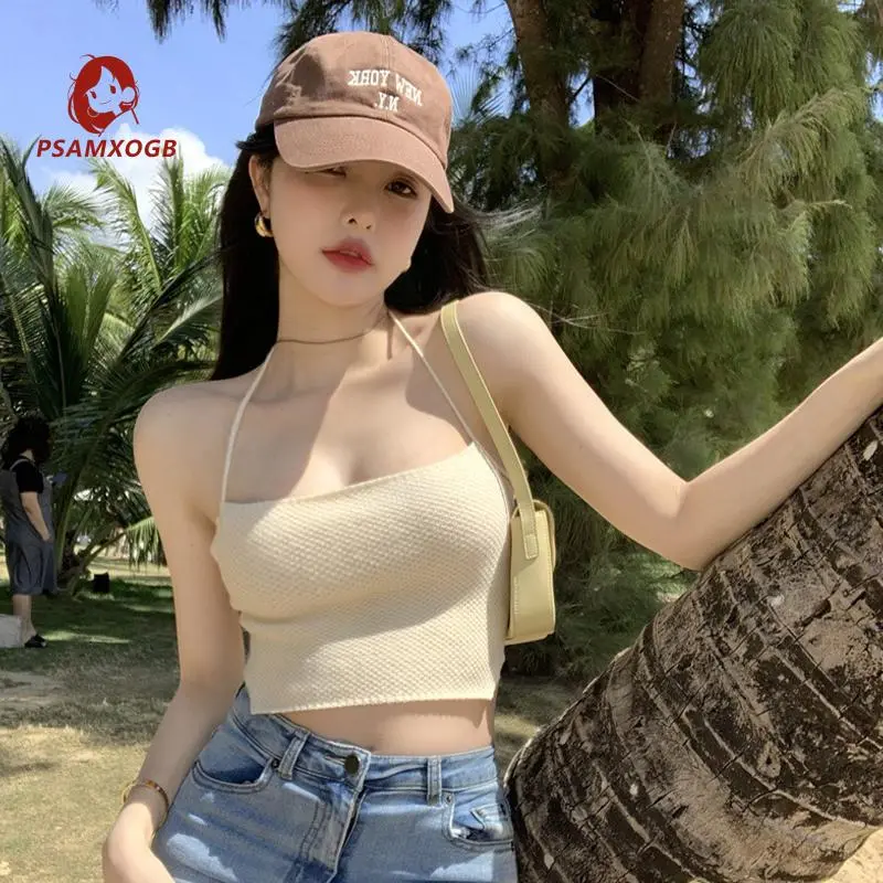Women Summer Knitted Tank Tops Solid Color Back Tie-Up Halter Vest Fashion Wild Backless Crop Tops