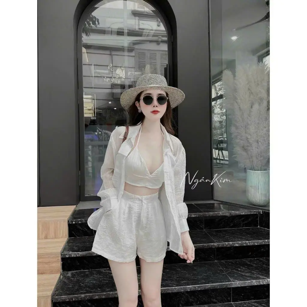 Set Bộ 3 Món Đi Biển Áo Lót 2 Dây [ Có Mút ] Mix Áo Khoác Tay Dài Kèm Quần Đùi Xinh Xắn Nữ Top Women