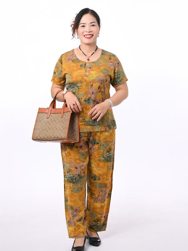 (DÀI TAY NGẮN XXL) đồ bộ LỤA TƠ TẰM in hoa lá  cao cấp BIG SIZE cho mẹ và bà tay ngắn, quần ống rộng, mềm mại , mịn mát Voi Ong Women Nữ dobo Áo Sen Top đobo tang me 2