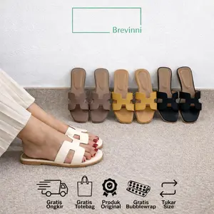 Brevinni Elbe 2 Sandal Flat Kulit Jeruk Selop Wanita Premium Kekinian Aesthetic Tinggi Sol 1cm Gratis Ongkir Totebag Original