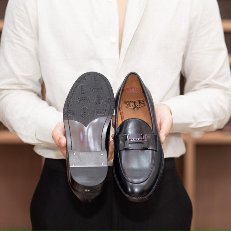 Giày da Nam loafer shoes màu đen mặt chữ H bảo hành da 24 tháng đế gỗ phíp Cao Su khâu mckay