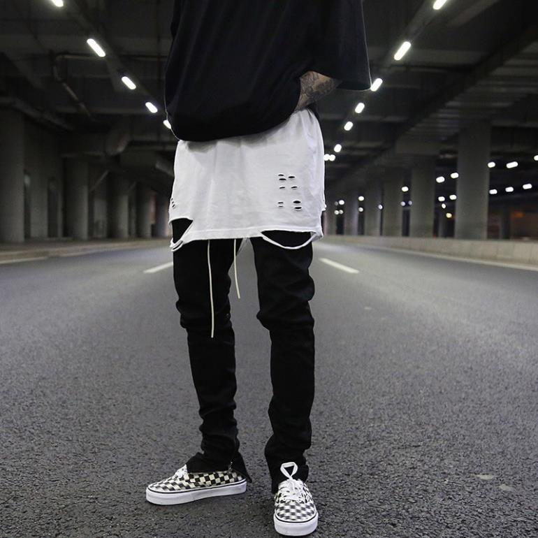 Quần Jean Nam đen trơn Skinny Zipper có zip ở ống quần phong cách