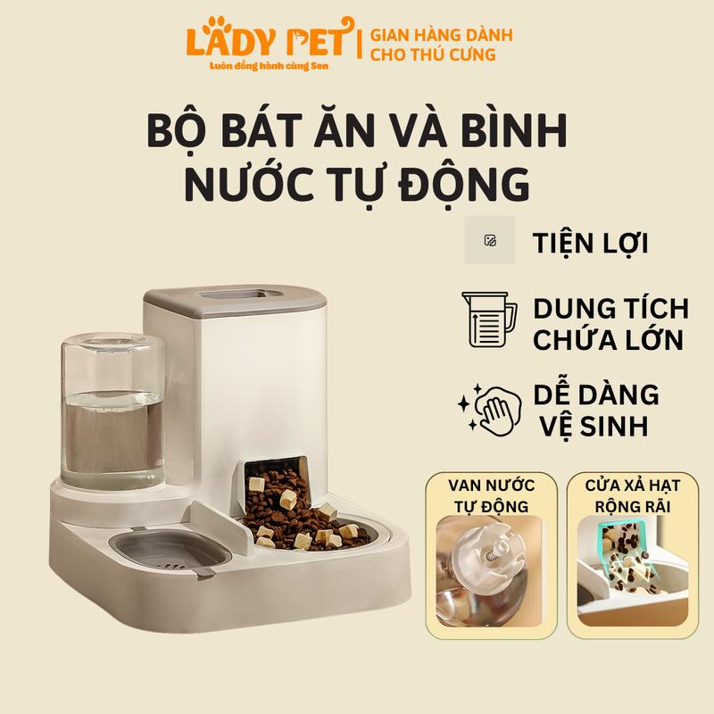 [Tặng bát inox]  Bộ Bát Ăn Và Bình Nước Tự Động Cho Chó Mèo - Dung Tích Lớn, Tách Ướt Và Khô, Cho Ăn Tự Động