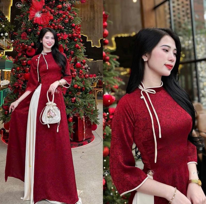 Áo dài truyền thống MINH KHUÊ chất liệu gấm cổ lệch phối nơ tay lỡ 2