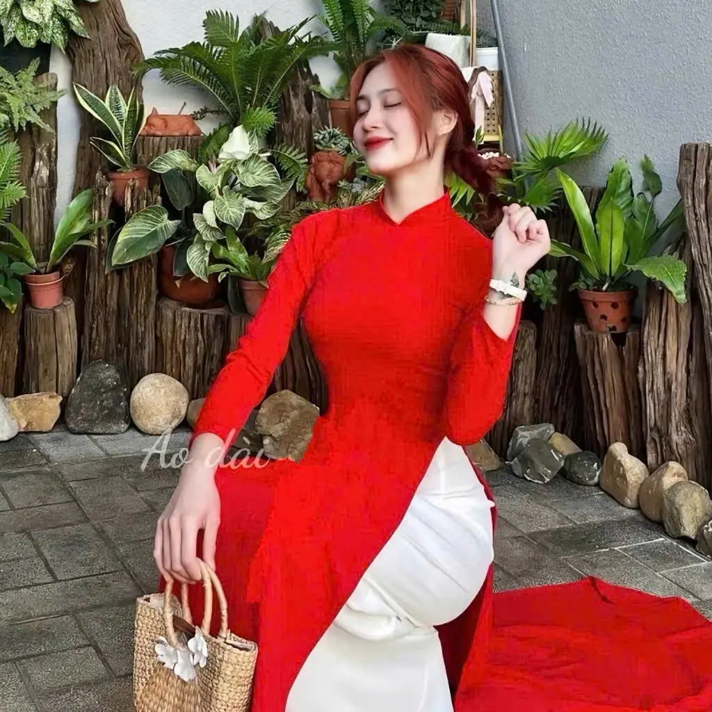 Áo dài trơn 2 tà lụa mỹ màu đỏ tươi  trẻ trung Nữ Women Dress Voan Kem Đỏ