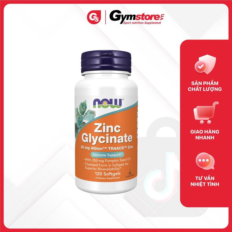Viên uống bổ sung Kẽm - NOW Zinc Glycinate 30 mg Albion TRAACS Zinc, 120 Softgels - Made in USA | GYMSTORE
