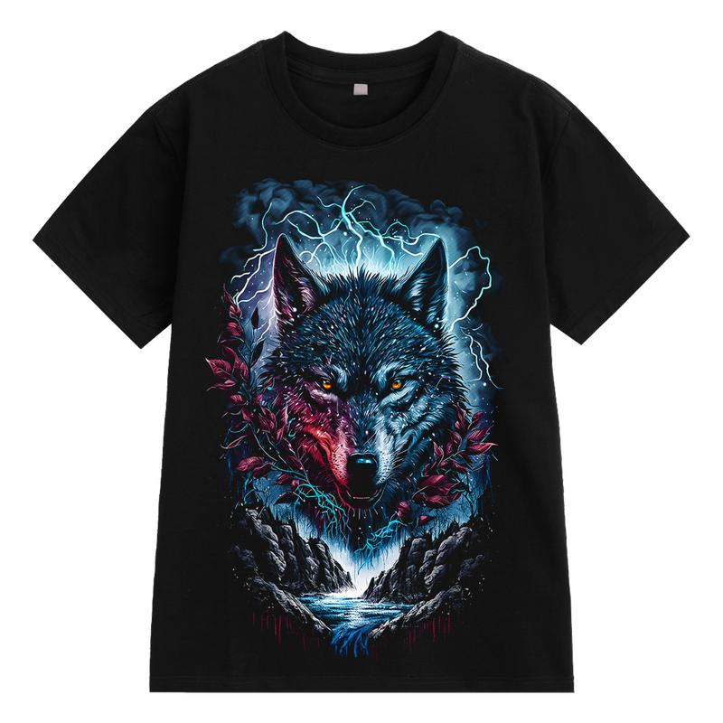 Áo Thun Nam Nữ Cổ Tròn Tay Ngắn Big Size Cotton 100 Đen In Hình Sói