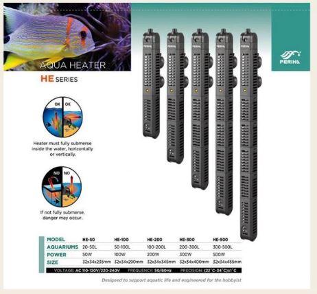 Sưởi hồ cá cảnh PERIHA HE 50W, 100W, 200W, 500W cao cấp, có vỏ bọc nhựa an toàn, chống nấm mùa lạnh cho cá