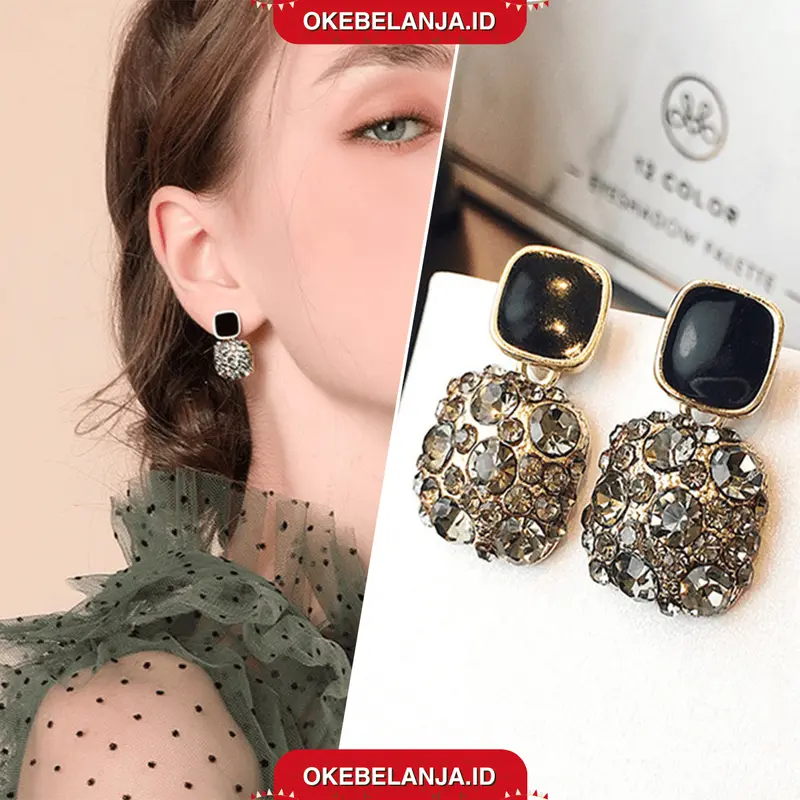 OKEBELANJA Anting Petak Berkristal Hitam S925 Aksesoris Wanita Korea Style 0