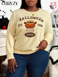 CURVZY Plus Size Autumn Aesthetic Halloween Cartoon Pumpkin & Letter Print Round Neck Sweatshirt, Casual Long Sleeve Crew Neck Pullover for Spring & Fall, Women's Clothing for Daily Wear